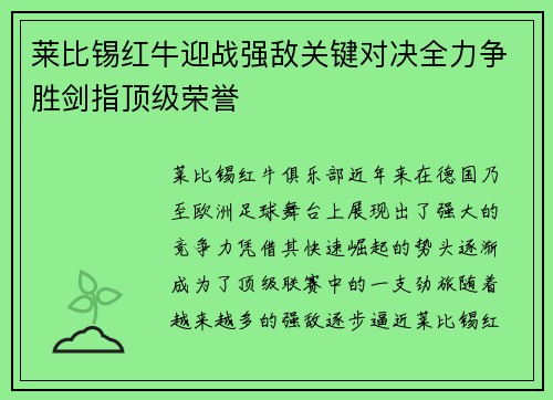 莱比锡红牛迎战强敌关键对决全力争胜剑指顶级荣誉